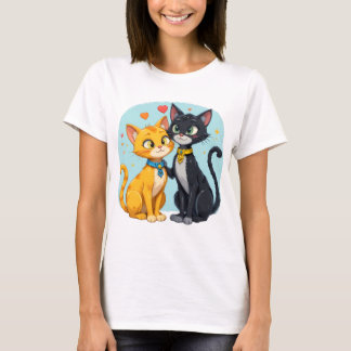 T-shirt Chat noir et Chat jaune en amour avec coeu