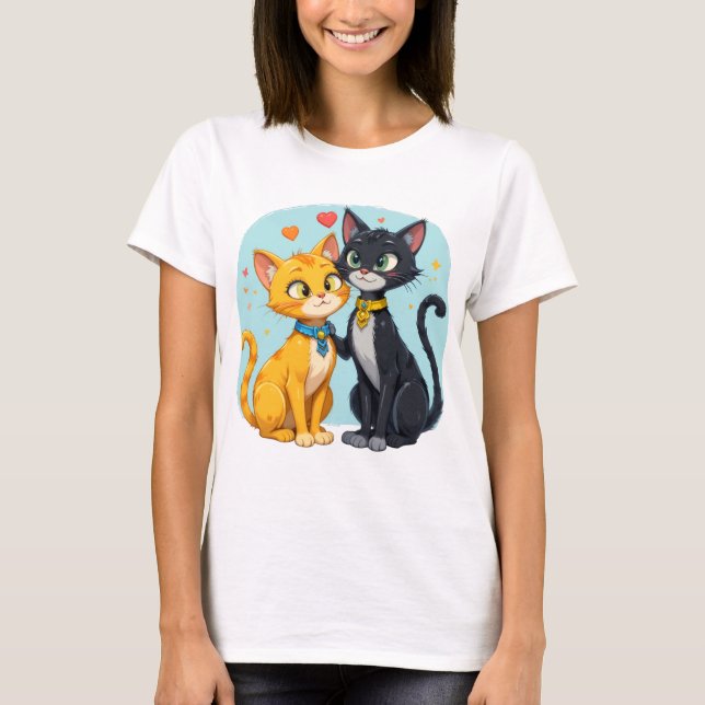 T-shirt Chat noir et Chat jaune en amour avec coeu (Devant)