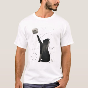 T-shirt Chat noir et chaton de lune aquarelle