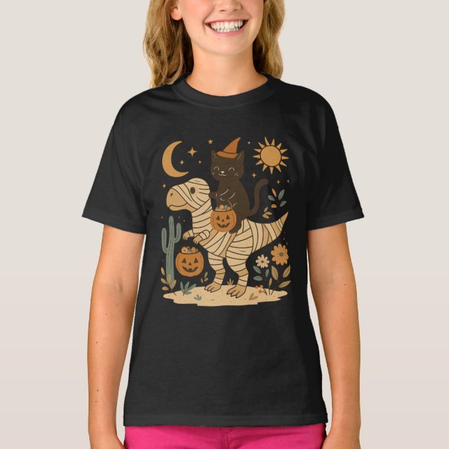 T-shirt Chat noir et maman T-Rex Halloween Ride (Devant)