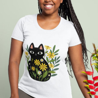 T-shirt Chat noir fantaisiste avec des fleurs jaunes