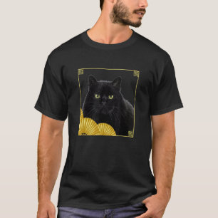T-shirt Chat noir funky de style est-asiatique dans un cad