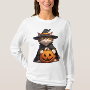 T-shirt Chat noir grincheux tenant une citrouille pour Hal