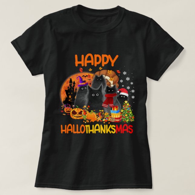 T-shirt Chat noir Hallothanksmas Halloween Thanksgiv (Design devant)
