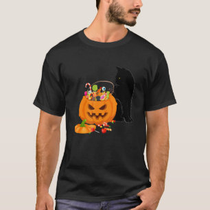 T-shirt Chat noir jouant avec la citrouille Jack O Lantern