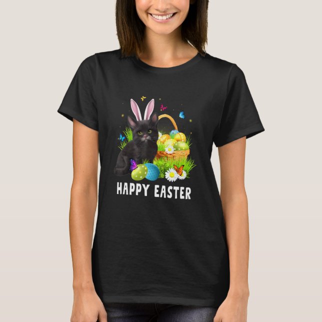 T-shirt Chat noir Joyeux Oeufs de lapin de Pâques Jour de  (Devant)