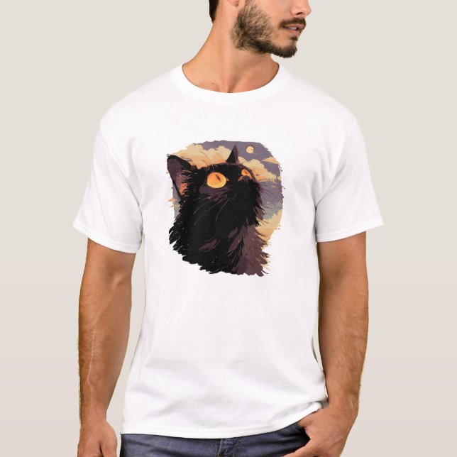 T-shirt Chat noir levant la tête avec la nuit mystique (Devant)