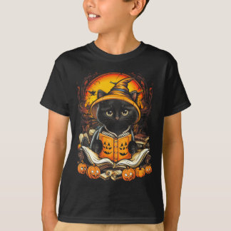 T-shirt Chat Noir Lisant des Livres Citrouille Automne Ens