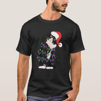 T-shirt Chat noir lumières d'arbre de Noël chaton drôle Pè
