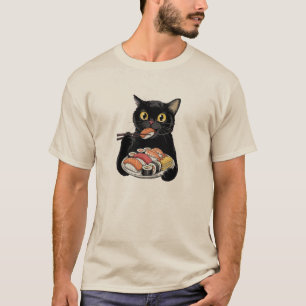 T-shirt Chat noir mangeant des sushis avec des baguettes