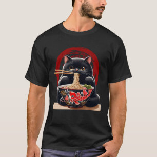 T-shirt Chat Noir Manger Ramen nouilles Japonaises Koi Bow