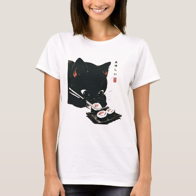 T-shirt Chat noir manger Sushi - Chat Art Japonais (Devant)