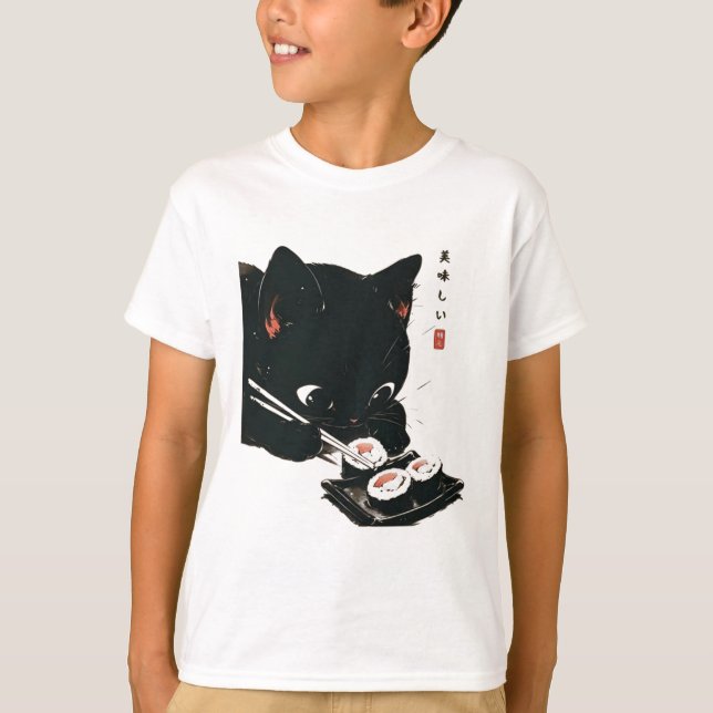 T-shirt Chat noir manger Sushi - Chat Art Japonais (Devant)