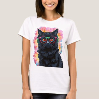 T-shirt Chat noir mignon avec lunettes et écouteurs
