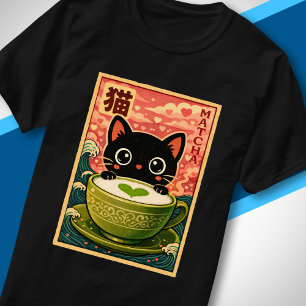 T-shirt Chat noir mignon buvant du thé matcha Kawaii japon