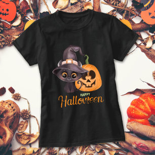 T-shirt Chat noir mignon Joyeux Halloween sculpté citrouil