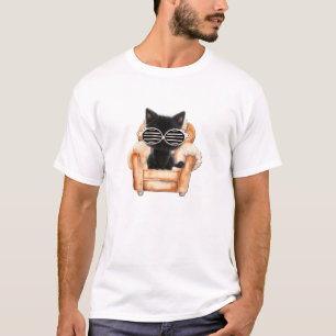 T-shirt Chat noir mignon portant des lunettes et assis