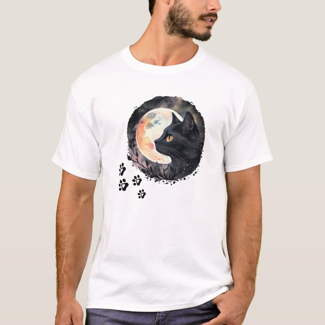 T-shirt Chat noir mystique et Pleine lune aquarelle Art (Devant)