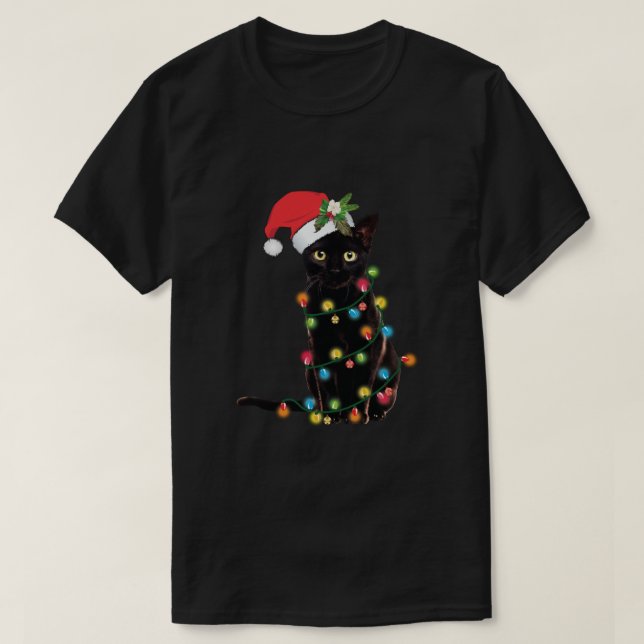 T-shirt Chat Noir Père Noël Tangée Dans Les Lumières De No (Design devant)