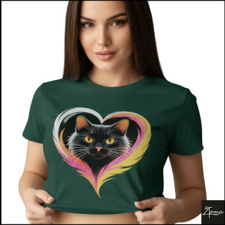 T-shirt Chat Noir Plume Cœur Néon Pop Art