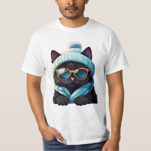 T-shirt chat noir portant lunettes de soleil et casquette 