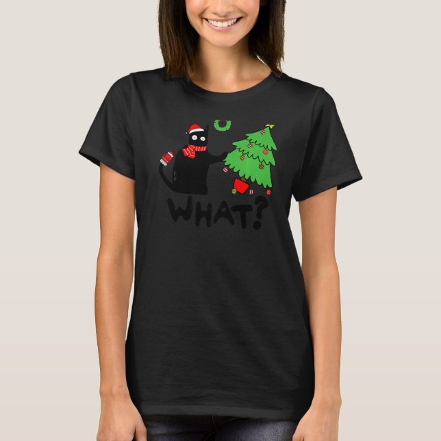 T-shirt Chat Noir Poussant Arbre De Noël Sur Chat Ce (Devant)