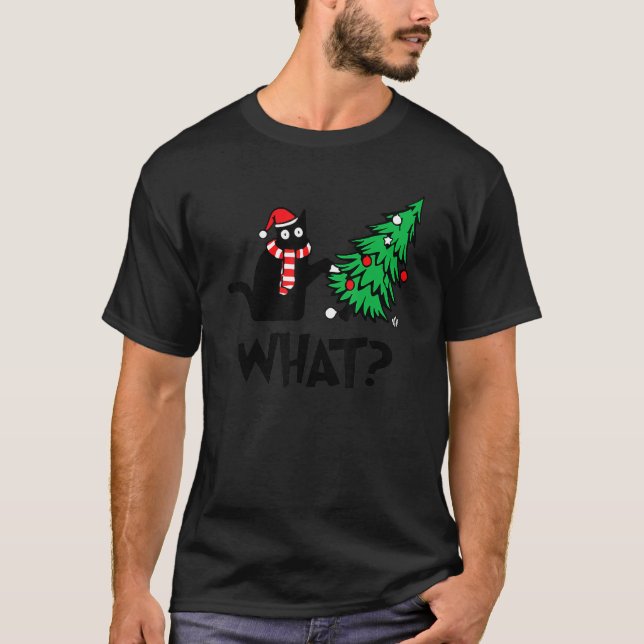 T-shirt Chat Noir Poussant Arbre De Noël Sur Chat Ce (Devant)