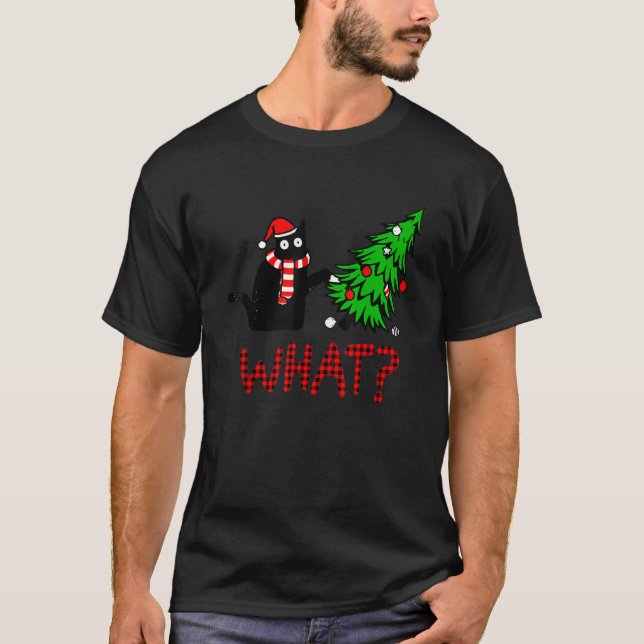 T-shirt Chat Noir Poussant Arbre De Noël Sur Chat Ce (Devant)