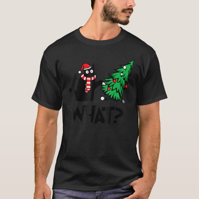 T-shirt Chat Noir Poussant Arbre de Noël Sur Chat Quoi 2 (Devant)