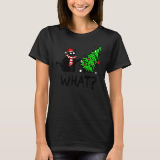 T-shirt Chat noir poussant un sapin de Noël sur un chat qu