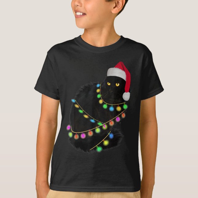 T-shirt Chat Noir Santa Hat Light Tree Drôle Noël laid (Devant)