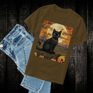 T-shirt Chat noir sous une lune de récolte et Citrouilles