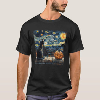 T-shirt Chat noir Starry Nuit Van Gogh Citrouille Fun Hall