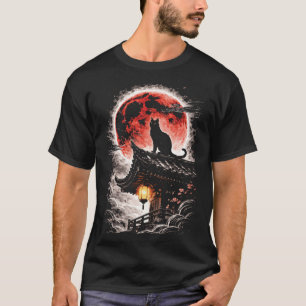 T-shirt Chat noir sur toit de pagode, Lune rouge - Art jap