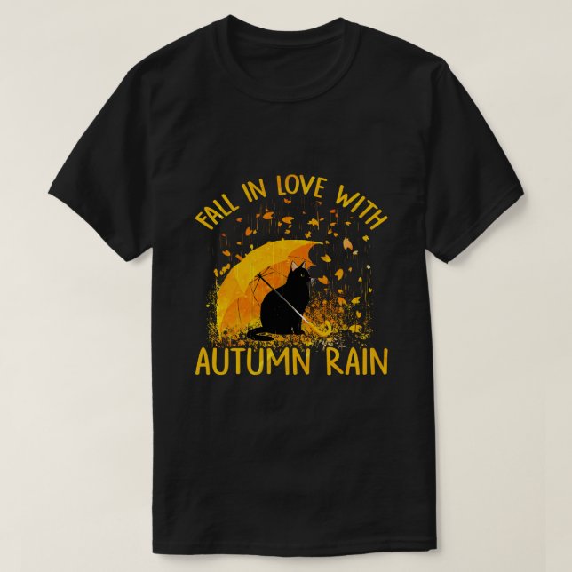 T-shirt Chat Noir Tombant Amoureux Avec Pluie D'Automne (Design devant)