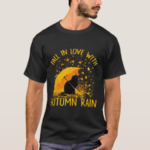 T-shirt Chat Noir Tombant Amoureux Avec Pluie D'Automne