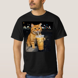 T-shirt Chat orange drôle buvant du café glacé, mème de ch