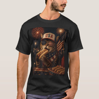 T-shirt Chat patriotique du 4 juillet mangeant un hotdog 2