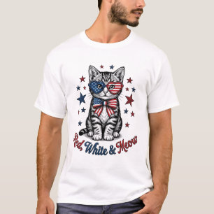 T-shirt Chat Patriotique Rouge Blanc et Meow Design Vintag