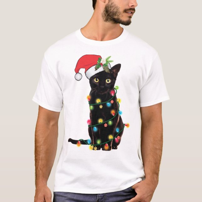 T-shirt Chat Père Noël Noir Tangé Dans Les Lumières Noël S (Devant)