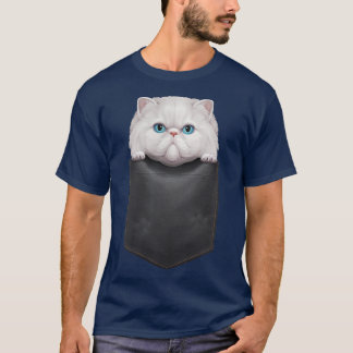 T-shirt Chat perse blanc dans la poche de poitrine 
