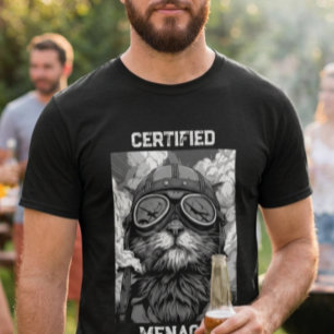 T-shirt Chat pilote drôle fumant un cigare noir et blanc