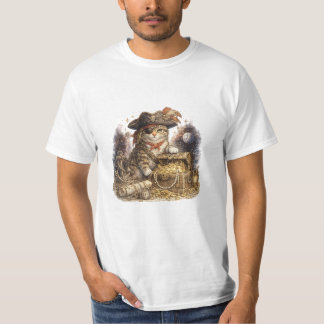 T-shirt Chat Pirate Vintage avec Coffre au Trésor