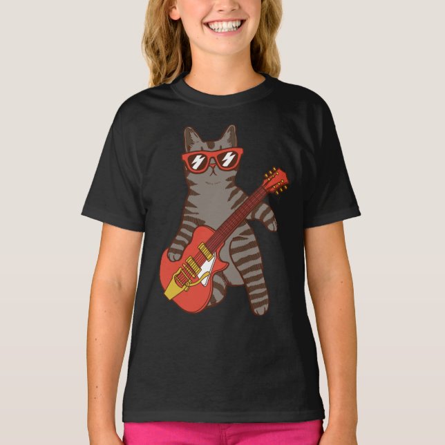 T-shirt Chat Portant des lunettes de soleil Jouer Guitare  (Devant)