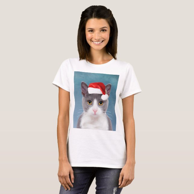 T-shirt Chat portant le Santa Hat Portrait de Noël (Devant entier)