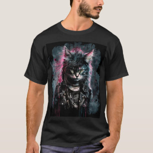 T-shirt Chat Punk Rock avec cheveux roses et veste en cuir