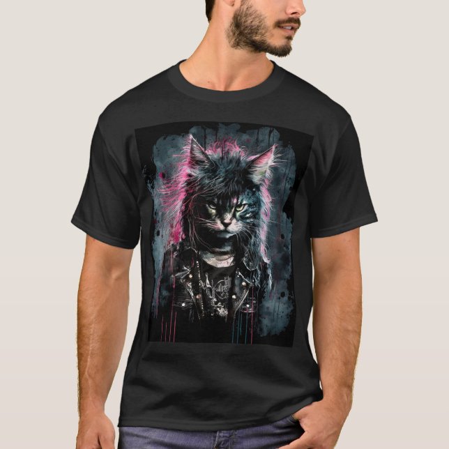 T-shirt Chat Punk Rock avec cheveux roses et veste en cuir (Devant)