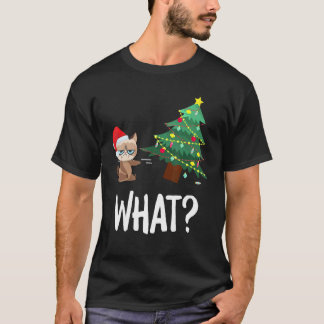 T-shirt Chat qui pousse l'arbre de Noël avec humour Qu'est