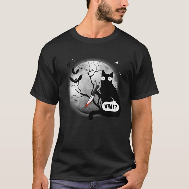 T-shirt Chat Quoi Assassin Meurtre Chat & Couteau Hallowee (Devant)