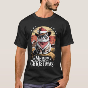 T-shirt Chat Raguette Drôle Chapeau de Père Noël Lumières